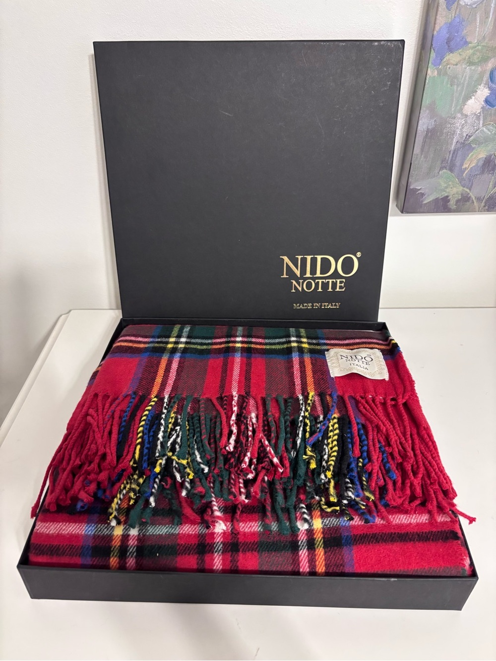 NIDO NOTTE Italy Tartan Plaid Throw Blanket 52x67 w/ Box Red Fringe Cotton Blend